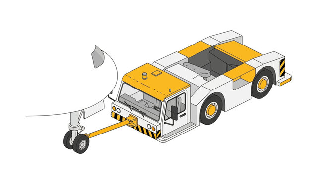 Isolated aircraft pushback tractor towing airplane minimalistic design