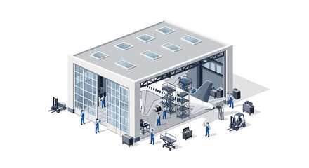 Isometric illustration showcasing maintenance, repairs and aircraft inspection