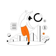 Business Marketing Line Illustration Kit Featuring A Person In Orange Pants Running With Growth Charts And Financial Symbols On A Transparent Background