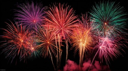 Vibrant Fireworks Display Against Black Sky: Festive Celebration with Bright Colors and Pyrotechnic Art