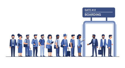 Queue of people waiting for boarding at the airport terminal gate