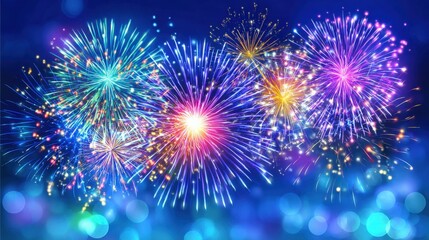 Vibrant Fireworks Display Against a Festive Blue Background, Perfect for Celebrations and Events