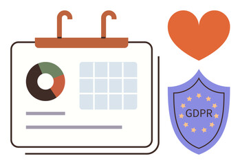 Calendar with analytics chart, GDPR compliance shield, and heart. Ideal for data protection, privacy regulation, trust-building, compliance planning, scheduling analytics security. Modern flat