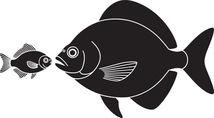Abstract Black and White Silhouette of a Large Fish with Open Mouth and a Small Fish Swimming Towards It