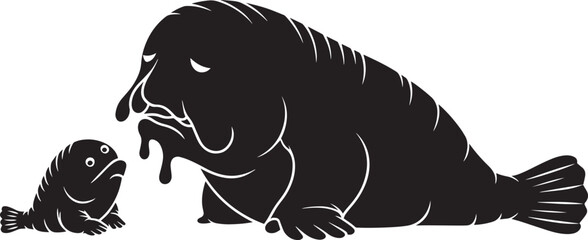 Cartoon Blobfish Parent and Child Silhouette Vector Illustration Marine Life