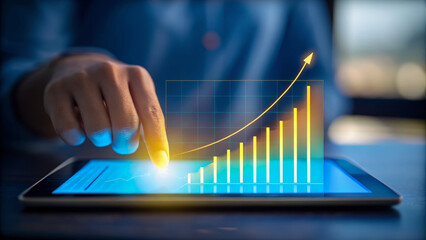 Upcoming new year business goal change digital tablet graph growth rising finance chart optimistic finger touch glowing