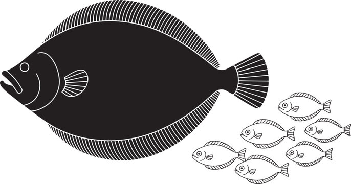 Flatfish silhouette vector illustration with small fish outlines - large flounder icon and shoal of fry