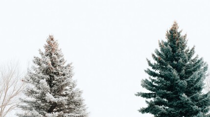 Fototapeta premium Two Pine Trees Covered in Snow on a White Winter Day, Holiday Season