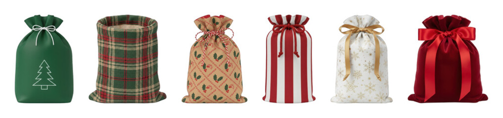 Christmas gift bag set including velvet, plaid, kraft, striped, snowflake, and tree designs isolated. Holiday packaging for presents.