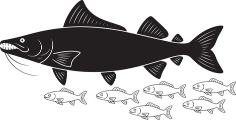 Large Predatory Fish Silhouette with Smaller Fish Outlines Aggressive Aquatic Design