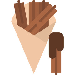 Flat design illustration of cinnamon sugar churros in a light beige paper cone with one churro dipped in rich brown chocolate sauce isolated on a transparent background
