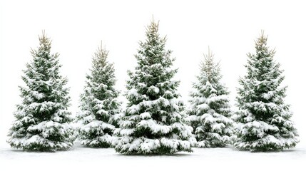 Fototapeta premium Snow Covered Evergreen Trees in a Row, Isolated Against a White Background for Winter Holiday