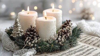 Elegant Christmas Candle Arrangement with Pine Cones and Evergreen Sprigs on Sheet Music