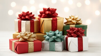 Obraz premium Festive Stack of Wrapped Presents with Colorful Ribbons for Christmas or Holiday Celebrations