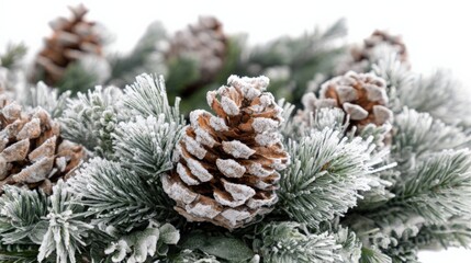 Fototapeta premium Festive Pine Cones and Evergreen Sprigs with Snow, A Christmas and Holiday Decoration