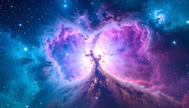 A vibrant cosmic nebula in deep space featuring swirling clouds of purple, pink, and teal gas with a luminous core. A stunning astronomy background.