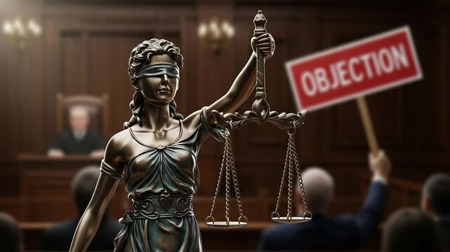 statue of justice in courtroom with objection sign