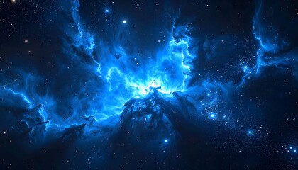 A luminous, glowing blue nebula in deep space, featuring gas, dust, and stars. A cosmic background for themes of science, astronomy, and exploration.