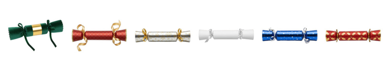 Christmas crackers set including green, red, white, blue, and gold patterned designs isolated. Festive holiday celebration and party decor.