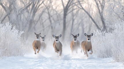 Graceful White-tailed Deer Running Through a Snowy Winter Landscape, Wildlife Scene, Serene Nature, Cold Season