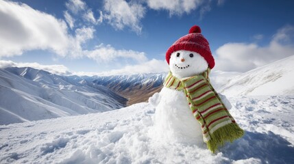 Obraz premium Festive Snowman with Red Hat and Striped Scarf Against Snowy Mountain Landscape Background