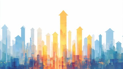 Abstract city skyline with upward arrows, financial growth concept, professional gradient backdrop