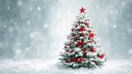Fototapeta premium Snowy Christmas Tree with Red Ornaments and Star, Festive Winter Holiday Scene