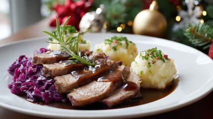 Festive Holiday Dinner Plate with Roast Meat, Red Cabbage, and Mashed Potatoes