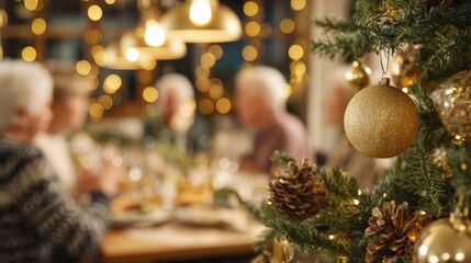 Warm Christmas Gathering: Elderly People Celebrating Festive Holiday Dinner Together with Decorated Tree