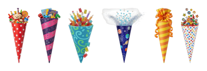 School cone set including colorful candies, educational items, and toys isolated. First day of school celebration.