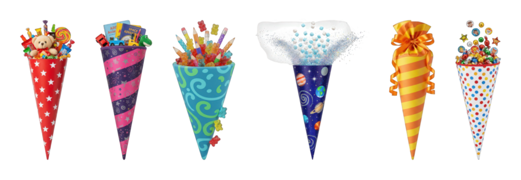 School cone set including colorful candies, educational items, and toys isolated. First day of school celebration. - Powered by Adobe