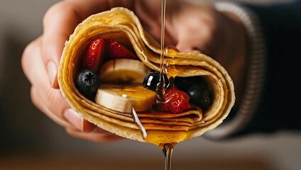 A person's hand holding a crepe filled with fruits, drizzled with syrup. Macro shot, golden hue