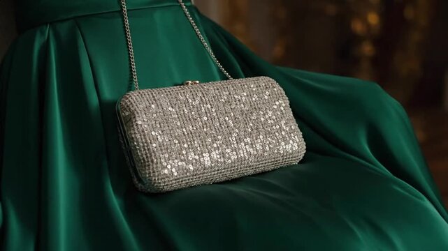 Elegant silver sequin clutch handbag rests on a luxurious emerald green satin dress