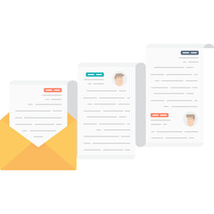 Digital Document Management and Communication Outline with Envelope Icon and Blurred Paperwork in White Background