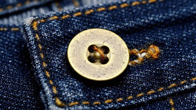 Close-up of a brass button secured with orange thread on textured blue denim