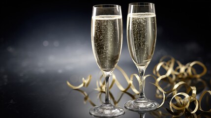 Celebratory Toast: Sparkling Champagne Flutes with Festive Streamers for New Year's Eve or Special Occasions