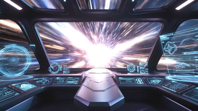 POV from a futuristic spaceship cockpit accelerating into lightspeed through a star tunnel with holographic displays