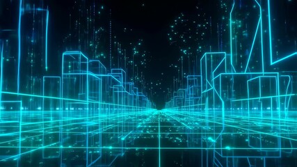 Neon city grid, light trails, and data streams in a digital urban landscape - Powered by Adobe