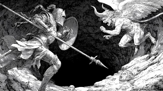 A dramatic metaphor for overcoming business challenges, featuring a knight battling a demon in a gothic ink illustration. - Powered by Adobe