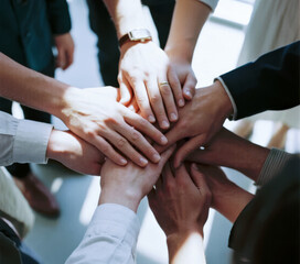 Multiple hands stacked together in a group gesture symbolizing unity and teamwork.