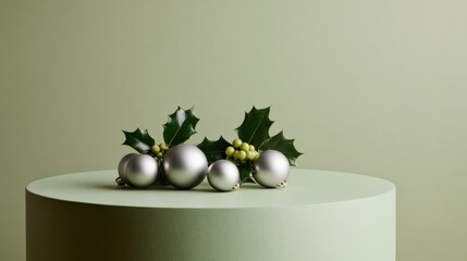 Festive Display of Silver Ornaments and Holly on Green Pedestal for Product Presentation