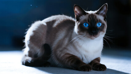Siamese cat with striking blue eyes resting on a surface in low light