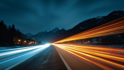 Obraz premium A road with long exposure light trails at night on the mountain highway, cars moving fast on the asphalt street. 