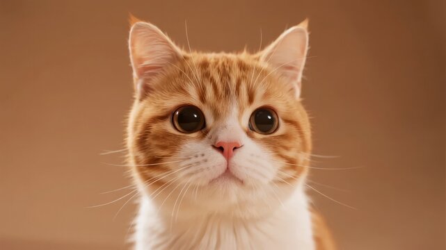 Close-up of an orange and white cat with large expressive eyes against a warm brown background
