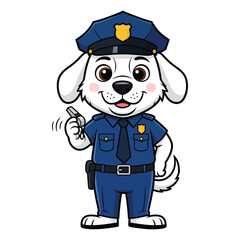 Cute cartoon dog character dressed as a police officer in a blue uniform and hat, holding a whistle. Vector illustration of a friendly canine cop mascot
