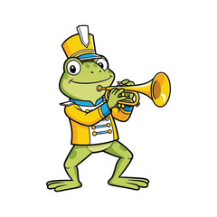 Cheerful green frog character dressed in a vibrant yellow and blue marching band uniform, enthusiastically playing a shiny golden trumpet