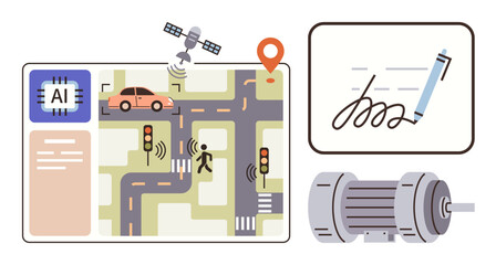 AI chip, map with smart traffic system, pedestrian, satellite, and signature screen. Ideal for AI solutions, smart cities, automation, IoT traffic control digital security simple flat metaphor