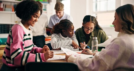 Group, classroom and students high five with project for collaboration, learning and education. Teenagers, success and people in discussion for knowledge, assignment and lesson feedback at school - Powered by Adobe