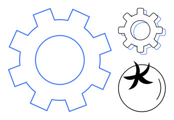 Large gear outline linked to smaller gear and stylized tomato, representing industrial progress, agriculture, collaboration, innovation, mechanical processes. Ideal for technology, farming