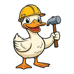 Cartoon duck construction worker with a hard hat holding a hammer, ready for work